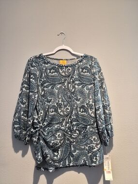 Ruby Rd. Blue Paisley Boatneck Blouse with Side Knot